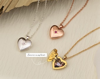 Gepersonaliseerde geboortesteen medaillonketting•Hart medaillonketting•Birthstone medaillonketting•Gedenksieraden•Cadeau voor haar•Kerstcadeau