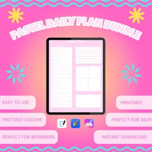 May include: A digital pastel daily plan bundle on a tablet screen. The screen displays a pink and white daily planner layout. The image has a pink background with text that says "PASTEL DAILY PLAN BUNDLE".