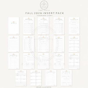May include: A collection of 19 printable planner sheets titled Fall 2026 Insert Pack by Emma Horak. The white pages feature black text and grid layouts for September, October, November, and various fall-themed logs, lists, and reflection pages.