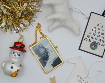 Custom Christmas Ornament: Picture with Hand-Typed Details on Handmade Paper In Hinged Brass Vintage-Inspired Frame