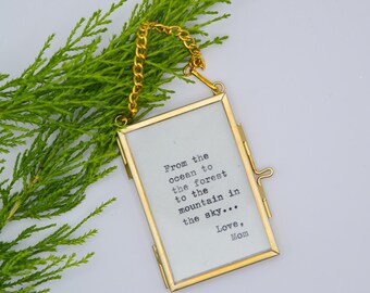 Custom Christmas Ornament: Hand-Typed Quote on Handmade Paper In Hinged Brass Vintage-Inspired Frame