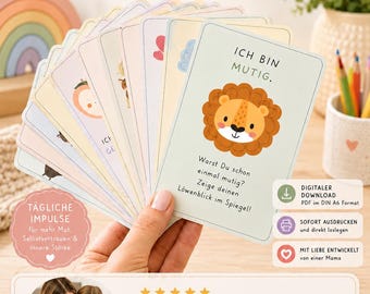 May include: A set of 45 encouragement cards for primary school children, featuring colorful illustrations and German text. The cards include affirmations like 'Ich bin mutig' with a lion graphic, alongside digital download and printing instructions.