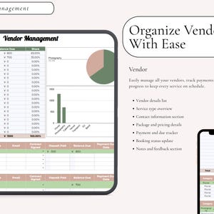 Puede incluir: Una hoja de c&aacute;lculo digital de gesti&oacute;n de proveedores mostrada en la pantalla de una tableta y un tel&eacute;fono inteligente. La interfaz incluye tablas para rastrear pagos, saldos y contactos, junto con un gr&aacute;fico circular y de barras.
