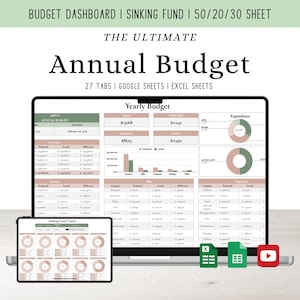 May include: A laptop and tablet showing a digital annual budget spreadsheet. The laptop screen displays a detailed financial overview with charts and tables. The tablet shows a sinking fund tracker. Text includes "Annual Budget" and "27 Tabs".