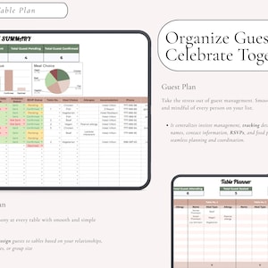 Puede incluir: Una plantilla de hoja de c&aacute;lculo digital para la planificaci&oacute;n de invitados y mesas que incluye un panel de resumen con gr&aacute;ficos, una lista detallada de invitados con estado de RSVP y opciones de comida, y una interfaz de planificaci&oacute;n.