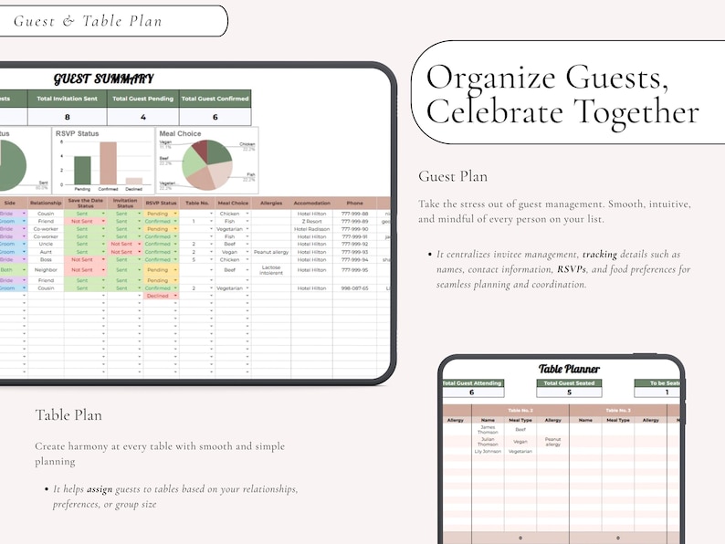 Puede incluir: Una plantilla de hoja de c&aacute;lculo digital para la planificaci&oacute;n de invitados y mesas que incluye un panel de resumen con gr&aacute;ficos, una lista detallada de invitados con estado de RSVP y opciones de comida, y una interfaz de planificaci&oacute;n.