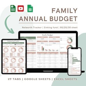May include: A digital family annual budget displayed on a laptop, tablet, and smartphone. The text includes "Family Annual Budget", "Networth Tracker", and "27 Tabs | Google Sheets | Excel Sheets". The color scheme is primarily white, green, and black.