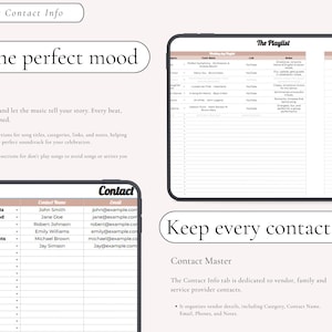 Puede incluir: Un dise&ntilde;o de planificador digital que presenta una secci&oacute;n de lista de reproducci&oacute;n con columnas para nombres de pistas, enlaces y notas, y una secci&oacute;n de contacto con columnas para categor&iacute;a, nombre y correo electr&oacute;nico. El texto incluye encabezados como Playlist & Contact Info, Set the perfect mood, The Playlist, Contact y Keep every contact close.