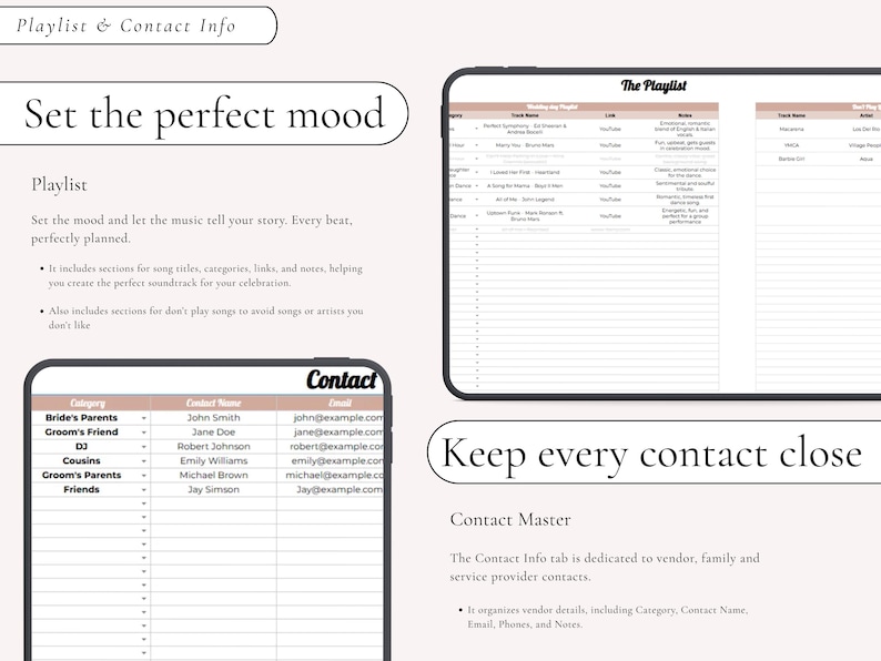 Puede incluir: Un dise&ntilde;o de planificador digital que presenta una secci&oacute;n de lista de reproducci&oacute;n con columnas para nombres de pistas, enlaces y notas, y una secci&oacute;n de contacto con columnas para categor&iacute;a, nombre y correo electr&oacute;nico. El texto incluye encabezados como Playlist & Contact Info, Set the perfect mood, The Playlist, Contact y Keep every contact close.