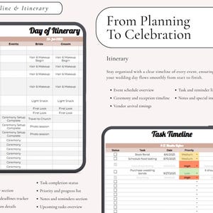 Puede incluir: Una plantilla digital de planificaci&oacute;n de bodas que incluye un itinerario del d&iacute;a y una l&iacute;nea de tiempo de tareas. El dise&ntilde;o presenta tablas para proveedores, eventos y horarios con encabezados como From Planning To Celebration, Task Timeline e Itinerary.