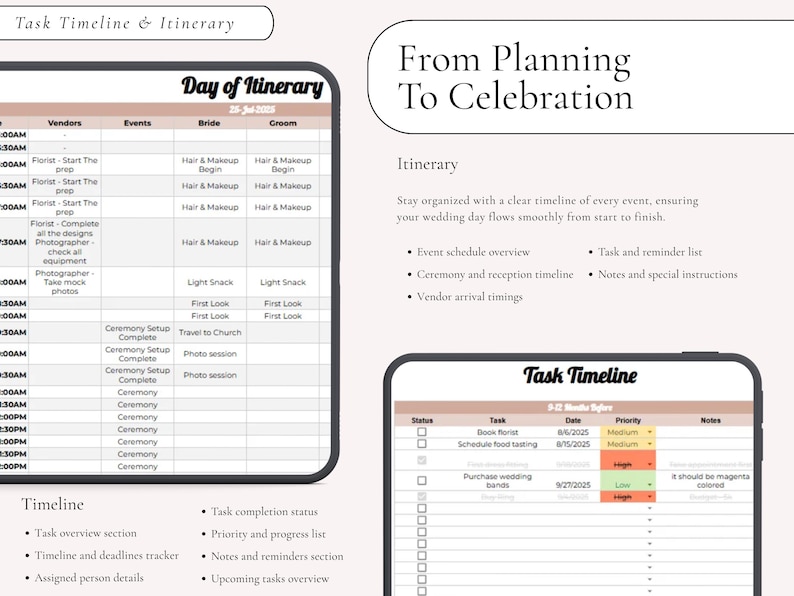 Puede incluir: Una plantilla digital de planificaci&oacute;n de bodas que incluye un itinerario del d&iacute;a y una l&iacute;nea de tiempo de tareas. El dise&ntilde;o presenta tablas para proveedores, eventos y horarios con encabezados como From Planning To Celebration, Task Timeline e Itinerary.
