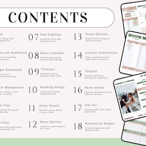 Puede incluir: Una p&aacute;gina de contenido de un planificador de bodas digital con una lista numerada del 01 al 18, que incluye secciones para configuraci&oacute;n, paneles, cronogramas, calendarios, itinerarios, dise&ntilde;o, invitados, mesas, proveedores, vestuario y presupuesto.