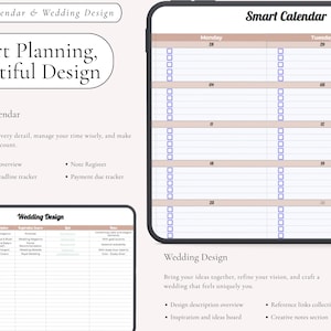 Puede incluir: Una interfaz de planificador digital que presenta un Smart Calendar con casillas de verificaci&oacute;n para tareas diarias y una tabla Wedding Design para registrar temas, descripciones, fuentes de inspiraci&oacute;n y notas.