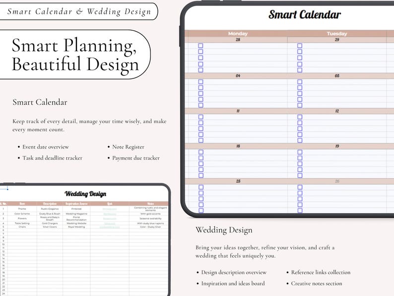 Puede incluir: Una interfaz de planificador digital que presenta un Smart Calendar con casillas de verificaci&oacute;n para tareas diarias y una tabla Wedding Design para registrar temas, descripciones, fuentes de inspiraci&oacute;n y notas.