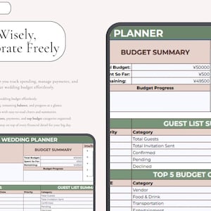 Puede incluir: Una plantilla de planificador de bodas digital que presenta una secci&oacute;n de resumen de presupuesto con tablas para el presupuesto total, gastado y montos restantes en yenes. El dise&ntilde;o incluye un resumen de lista de invitados.