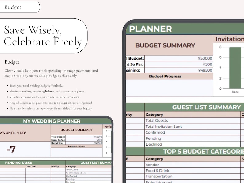 Puede incluir: Una plantilla de planificador de bodas digital que presenta una secci&oacute;n de resumen de presupuesto con tablas para el presupuesto total, gastado y montos restantes en yenes. El dise&ntilde;o incluye un resumen de lista de invitados.