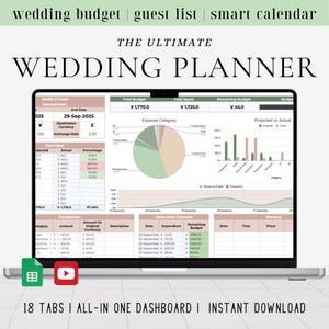 May include: A laptop screen displays a wedding planner template with budget, guest list, and calendar sections. The screen shows expense categories, projected vs. actual spending, and transaction details. Text at the top reads "THE ULTIMATE WEDDING PLANNER."