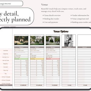 Puede incluir: Una tableta digital que muestra una hoja de c&aacute;lculo de gesti&oacute;n de lugares titulada Venue Options. La interfaz incluye columnas para detalles, estado de reserva y desglose de costos, con encabezados como Venue Management y Every detail, perfectly planned.