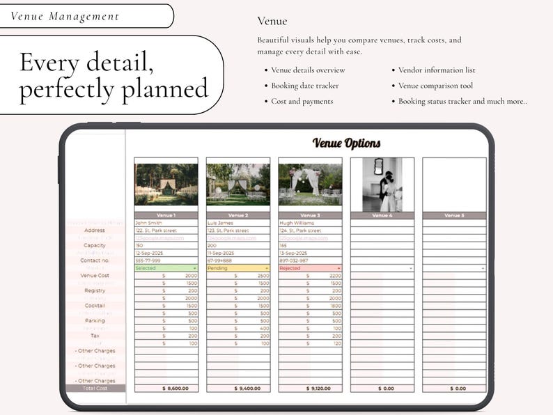 Puede incluir: Una tableta digital que muestra una hoja de c&aacute;lculo de gesti&oacute;n de lugares titulada Venue Options. La interfaz incluye columnas para detalles, estado de reserva y desglose de costos, con encabezados como Venue Management y Every detail, perfectly planned.