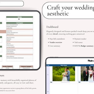 Puede incluir: Un panel de control digital para la organizaci&oacute;n de bodas mostrado en pantallas, con secciones para configuraci&oacute;n, gesti&oacute;n de proveedores y un &aacute;lbum de fotos. La interfaz incluye campos de texto para nombres, fechas y direcciones, junto a listas de funciones.