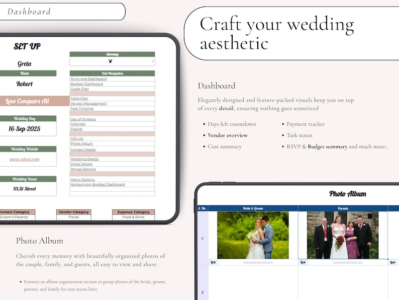 Puede incluir: Un panel de control digital para la organizaci&oacute;n de bodas mostrado en pantallas, con secciones para configuraci&oacute;n, gesti&oacute;n de proveedores y un &aacute;lbum de fotos. La interfaz incluye campos de texto para nombres, fechas y direcciones, junto a listas de funciones.