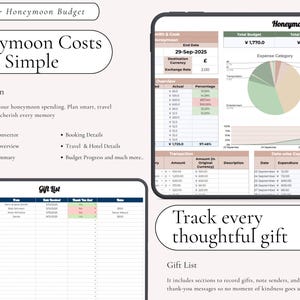 Puede incluir: Un planificador digital de luna de miel y una plantilla de lista de regalos mostrados en dos pantallas. El planificador incluye secciones para seguimiento de presupuesto, conversi&oacute;n de moneda y categor&iacute;as de gastos con gr&aacute;ficos circulares. La lista de regalos incluye columnas para regalo, remitente, fecha de recepci&oacute;n, estado de agradecimiento y notas.