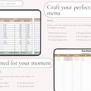 Puede incluir: Una plantilla de planificaci&oacute;n digital con dos pantallas de tableta que muestran hojas de c&aacute;lculo para log&iacute;stica de bodas. Una pantalla muestra un rastreador de costos de men&uacute; con columnas de cantidad y costo total, y una tabla de detalles de vestidos.