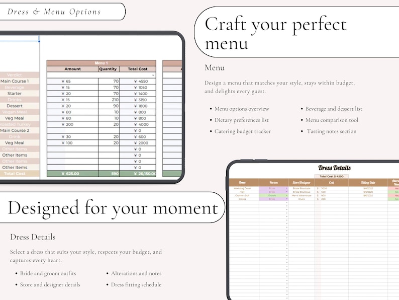 Puede incluir: Una plantilla de planificaci&oacute;n digital con dos pantallas de tableta que muestran hojas de c&aacute;lculo para log&iacute;stica de bodas. Una pantalla muestra un rastreador de costos de men&uacute; con columnas de cantidad y costo total, y una tabla de detalles de vestidos.