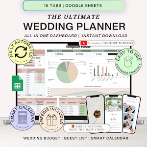 Pode incluir: Um planejador de casamento digital para Google Sheets com painel tudo-em-um, rastreamento de orçamento, categorias de despesas e calendário inteligente. A interface inclui gráficos e três telas de celular com modelos de casamento.