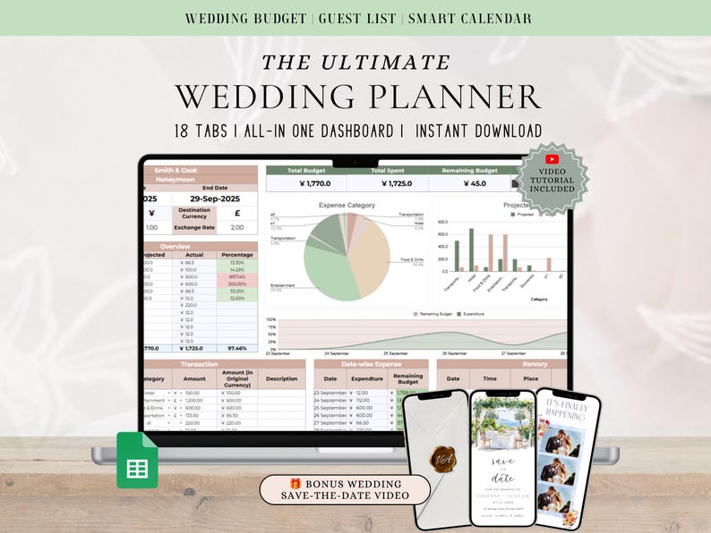 Puede incluir: Un panel de control digital para planificar bodas en la pantalla de una computadora port&aacute;til, con 18 pesta&ntilde;as, categor&iacute;as de gastos, gr&aacute;ficos circulares y de barras. La interfaz incluye texto como THE ULTIMATE WEDDING PLANNER, VIDEO TUTORIAL INCLUDED y BONUS WEDDING SAVE-THE-DATE VIDEO.