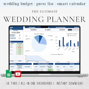 May include: A laptop displaying a wedding planner spreadsheet with sections for budget, guest list, and smart calendar. The screen shows expense categories, a pie chart, and a bar graph. Text on the screen includes "THE ULTIMATE WEDDING PLANNER" and "18 TABS | ALL-IN ONE DASHBOARD | INSTANT DOWNLOAD."