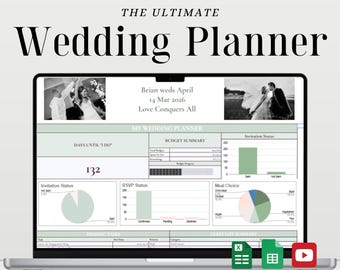 Planificador de bodas (hoja de cálculo de Google Sheets y Excel), seguimiento del presupuesto, lista de invitados, plano de asientos, comparación de proveedores, planificador de luna de miel.