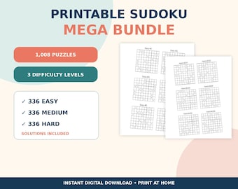 Puede incluir: Un paquete de Sudoku imprimible con 1.008 rompecabezas en tres niveles de dificultad. El documento incluye 336 fáciles, 336 medios y 336 difíciles con soluciones. El texto dice: PRINTABLE SUDOKU MEGA BUNDLE, 1,008 PUZZLES, 3 DIFFICULTY LEVELS.