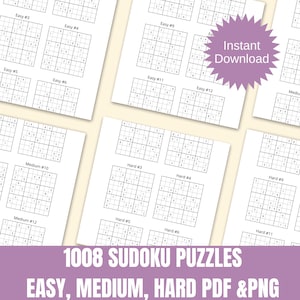 Sudoku Puzzles, 1008 total, 6 Puzzles Per Page, Easy, Medium, Hard, Printable PDF & PNG,KDP Interior, Solutions Included, Instant Download