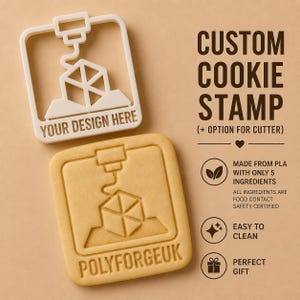 May include: A white square cookie stamp featuring a 3D printer icon and the text YOUR DESIGN HERE, alongside a light brown square cookie embossed with the same 3D printer icon and the text POLYFORGEUK, with descriptive text to the right.