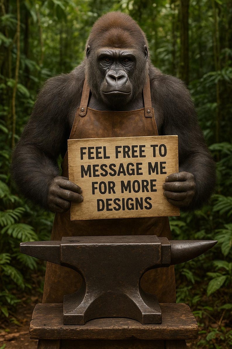May include: A gorilla wearing a leather apron holds a wooden sign that reads "FEEL FREE TO MESSAGE ME FOR MORE DESIGNS." The gorilla stands in front of an anvil on a wooden stand, with a lush green forest background.