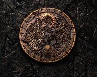 Personalized Viking Brass Coin 4 mm | Odin’s Wolves, Yggdrasil & Valknut | Laser Engraved Norse Gift