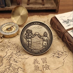 May include: A circular brass-toned metal coin featuring a relief engraving of two figures fist-bumping against a sun, surrounded by a decorative border with three stars at the top and a handshake icon at the bottom, set against a map background.