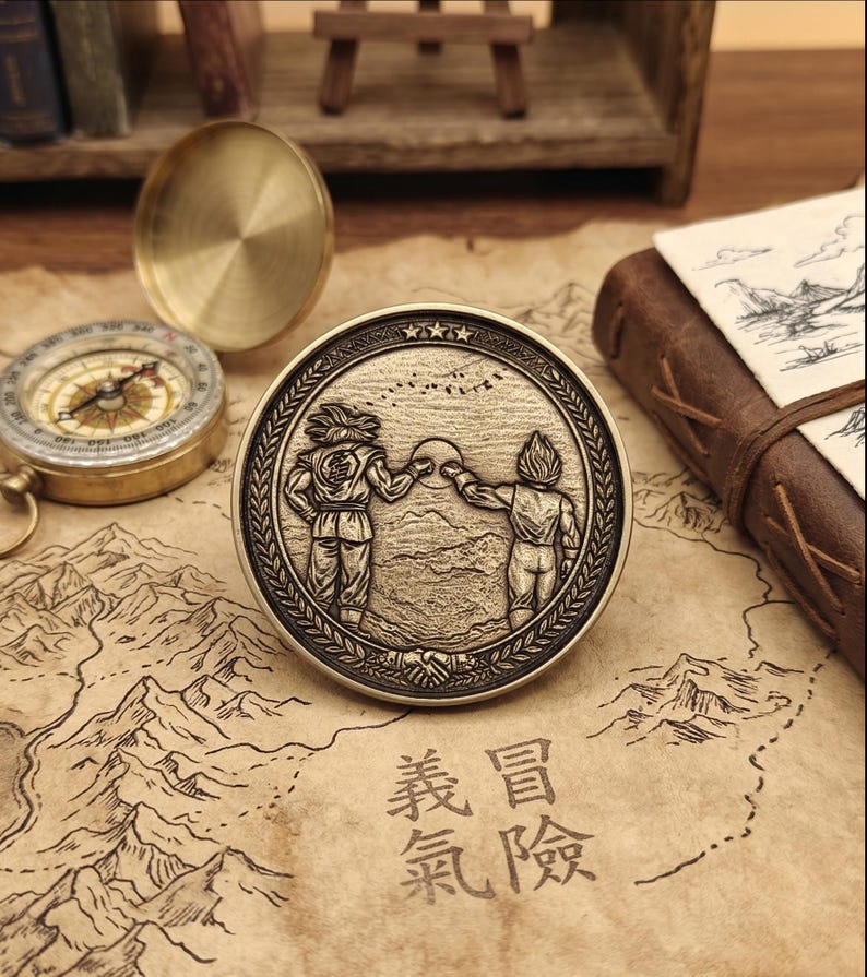 May include: A circular brass-toned metal coin featuring a relief engraving of two figures fist-bumping against a sun, surrounded by a decorative border with three stars at the top and a handshake icon at the bottom, set against a map background.