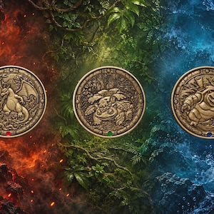 Puede incluir: Tres medallones circulares de color bronce con diseños en relieve de criaturas. El medallón izquierdo muestra un dragón alado, el central una criatura vegetal y el derecho una criatura con caparazón, cada uno con un pequeño punto de color en la base.