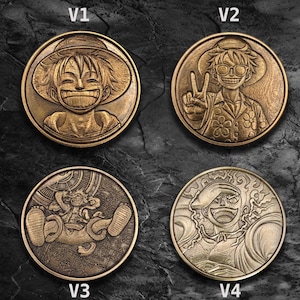Peut inclure: Quatre pièces de monnaie circulaires de couleur bronze avec des gravures en relief détaillées. Chaque pièce présente un design de personnage différent, dont une figure souriante avec un chapeau de paille, une figure avec des lunettes de soleil et deux autres illustrations uniques. Les pièces sont étiquetées V1, V2, V3 et V4.