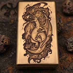 May include: A brass-colored lighter with a detailed dragon engraving. The dragon is depicted with wings and is surrounded by swirling smoke or clouds. The lighter has a rectangular shape and a hinged lid.