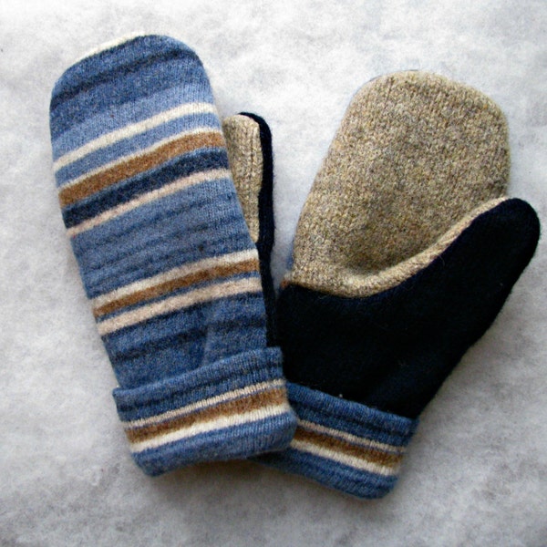 Clearance! Size Women MEDIUM, Men SMALL Blues, Gold, Tan, Navy Stripe Soft and Warm Felted Wool Mittens 154