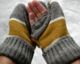 Gold, Off White and Medium Gray Convertible Fingerless Warm Felted Wool Mittens