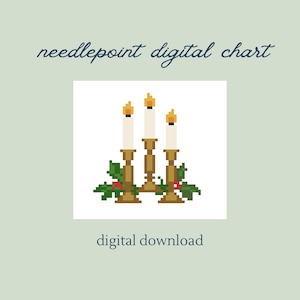 May include: A digital needlepoint chart featuring a pixelated design of three candles in gold candle holders, with green holly and red berries. The text "needlepoint digital chart" and "digital download" are included.