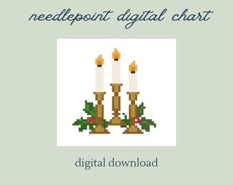 May include: A digital needlepoint chart featuring a pixelated design of three candles in gold candle holders, with green holly and red berries. The text "needlepoint digital chart" and "digital download" are included.
