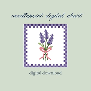 May include: A digital needlepoint chart featuring a pixelated image of lavender flowers tied with a pink bow. The design is set within a square frame with a checkered purple border. The words "needlepoint digital chart" and "digital download" are also present.