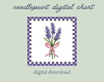 May include: A digital needlepoint chart featuring a pixelated image of lavender flowers tied with a pink bow. The design is set within a square frame with a checkered purple border. The words "needlepoint digital chart" and "digital download" are also present.