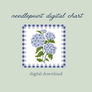 Large 8x8 Hydrangea Gingham Needlepoint Chart: PDF Digital Pattern Download