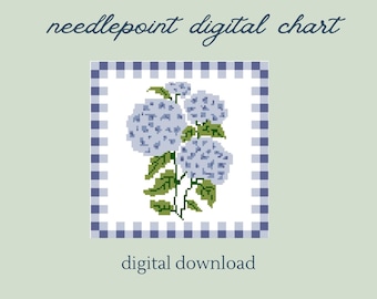 Large 8x8 Hydrangea Gingham Needlepoint Chart: PDF Digital Pattern Download
